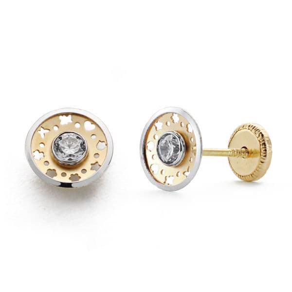18K PENDIENTES ORO BICOLOR 6.5 MM CIRCONITA CIERRE TUERCA