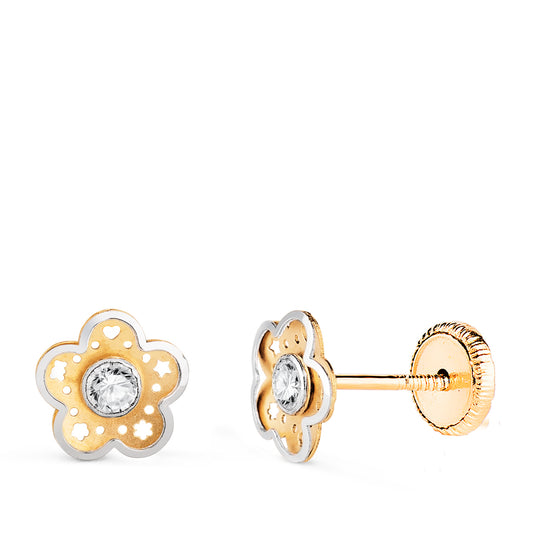 18K PENDIENTES ORO BICOLOR FLOR CALADA CON CIRCONITA EN BOCEL. MEDIDA: 7 X 7 MM. CIERRE TUERCA