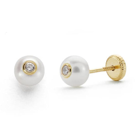 18K PENDIENTES ORO AMARILLO PERLA 5 MM CIRCONITA CIERRE TUERCA
