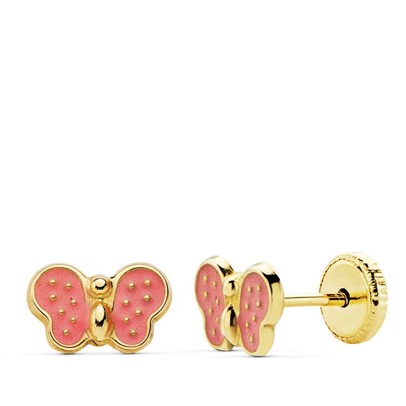 Pendientes Mariposa Esmalte Rosa 7 x 5 mm Cierre Tuerca 18K