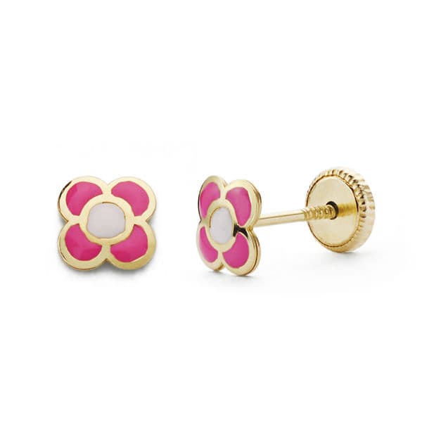 18K PENDIENTES ORO AMARILLO FLOR ROSA 6X6 MM CIERRE TUERCA
