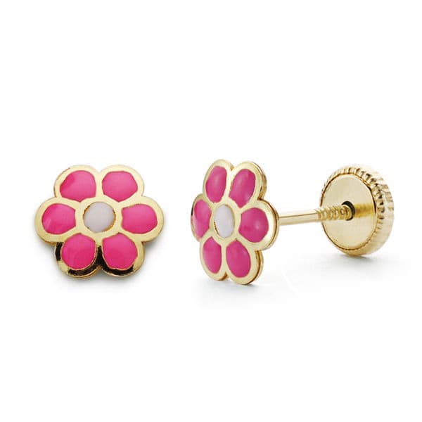 18K PENDIENTES ORO AMARILLO MARGARITA ROSA 6X6 MM CIERRE TUERCA