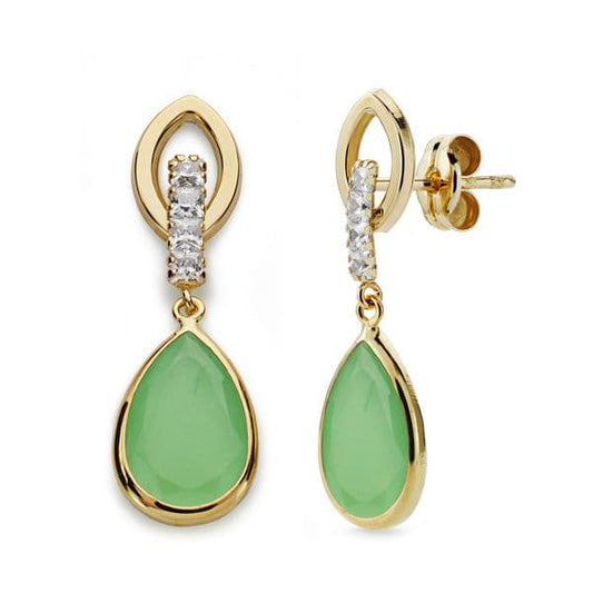 Pendientes Piedra Color Verde y Circonita 28 x 9 mm 18K