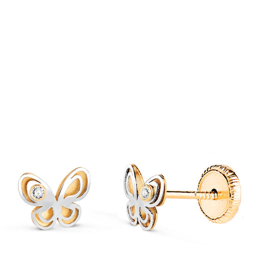 18K PENDIENTES ORO BICOLOR MARIPOSA CON CIRCONITA. MEDIDA: 6 X 5 MM CIERRE TUERCA