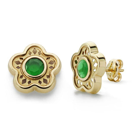 Pendientes Flor Piedra Color Verde 11 mm de oro amarillo 18K