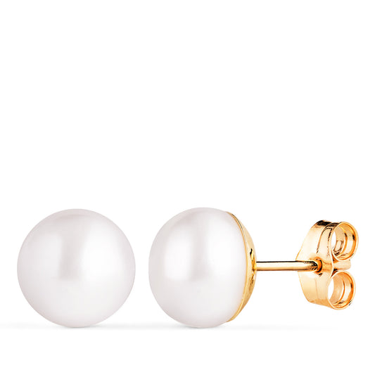 Pendientes Perlas Boton 9-9,5 mm con Casquilla Lisa. de oro amarillo 18K