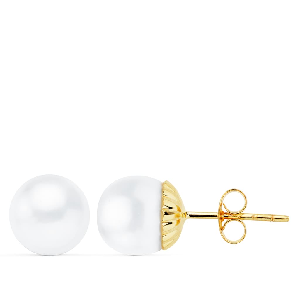 18K PENDIENTES PERLA BOTON ORO AMARILLO 9-9.5 MM CIERRE PRESION