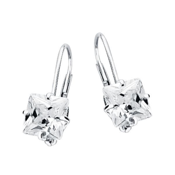 18K PENDIENTES ORO BLANCO PIEDRA CUADRADA 7X7 MM CIERRE GANCHO