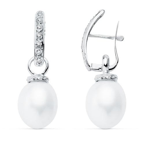 18K PENDIENTES ORO BLANCO PERLA 30X10 MM CIERRE CATALAN
