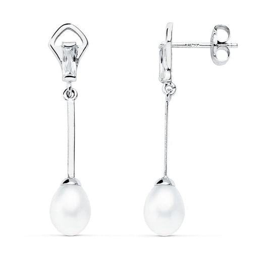Pendientes con Circonitas Baguette y Perlas. Medida: 31 x 6 mm. de oro blanco 18K