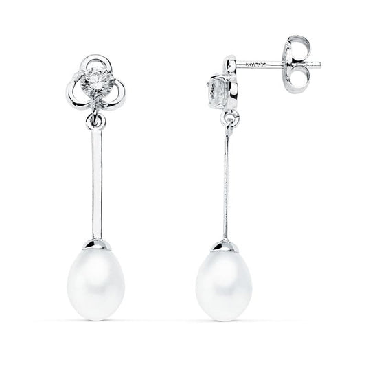 18K PENDIENTES LARGOS ORO BLANCO PERLA 27X6 MM CIERRE PRESION
