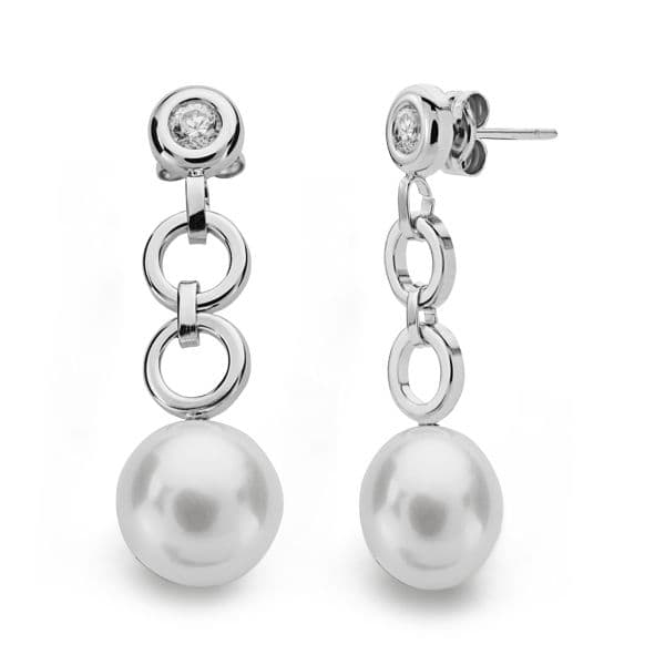18K PENDIENTES ORO BLANCO PERLA CIRCONITA 29X9 MM CIERRE PRESION
