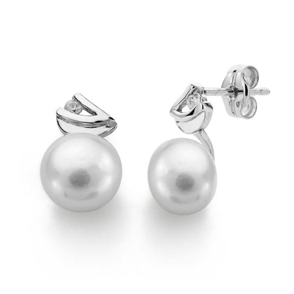 18K PENDIENTES ORO BLANCO PERLA CIRCONITA 11X7 MM CIERRE PRESION