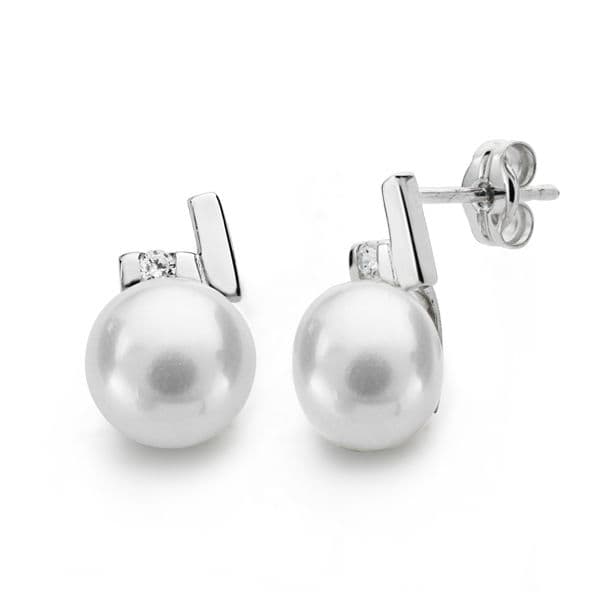 18K PENDIENTES ORO BLANCO PERLA CIRCONITA 12X8 MM CIERRE PRESION