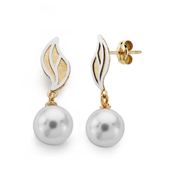18K PENDIENTES BICOLOR PERLA 22X8 MM CIERRE PRESION