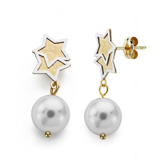 Pendientes Bicolor Perla 25 x 8 mm 18K