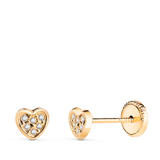 18K PENDIENTES ORO AMARILLO CORAZON CON CIRCONITAS. MEDIDA: 5 X 4 MM. CIERRE TUERCA