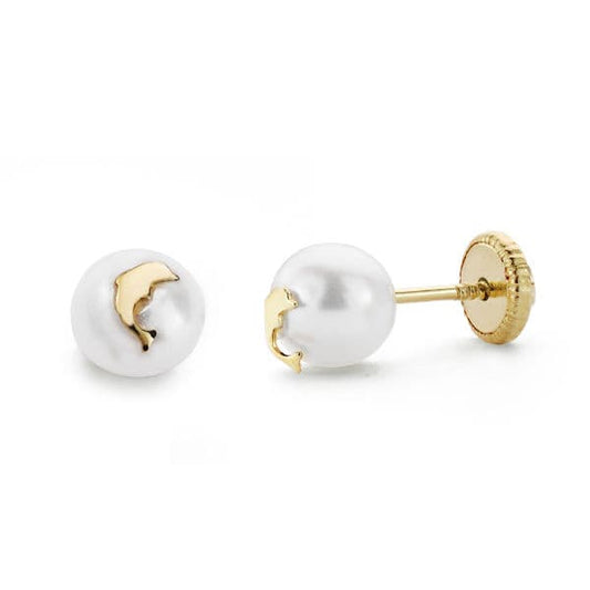 18K PENDIENTES ORO AMARILLO PERLA Y DELFIN 6 MM TUERCA