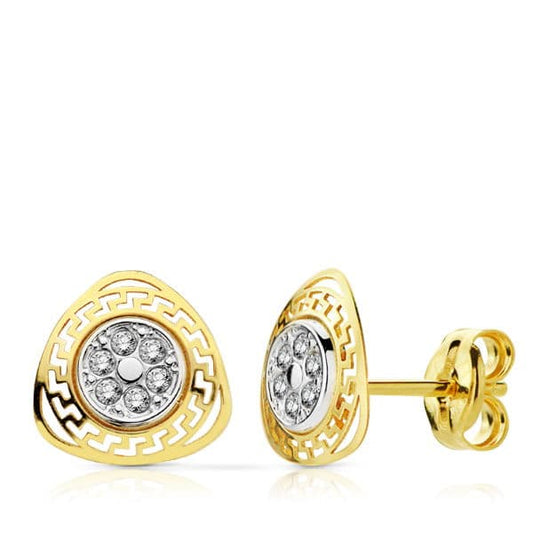 Pendientes Bicolor Triangulo Calado Greca con Circonitas. 8 x 8 mm 9K