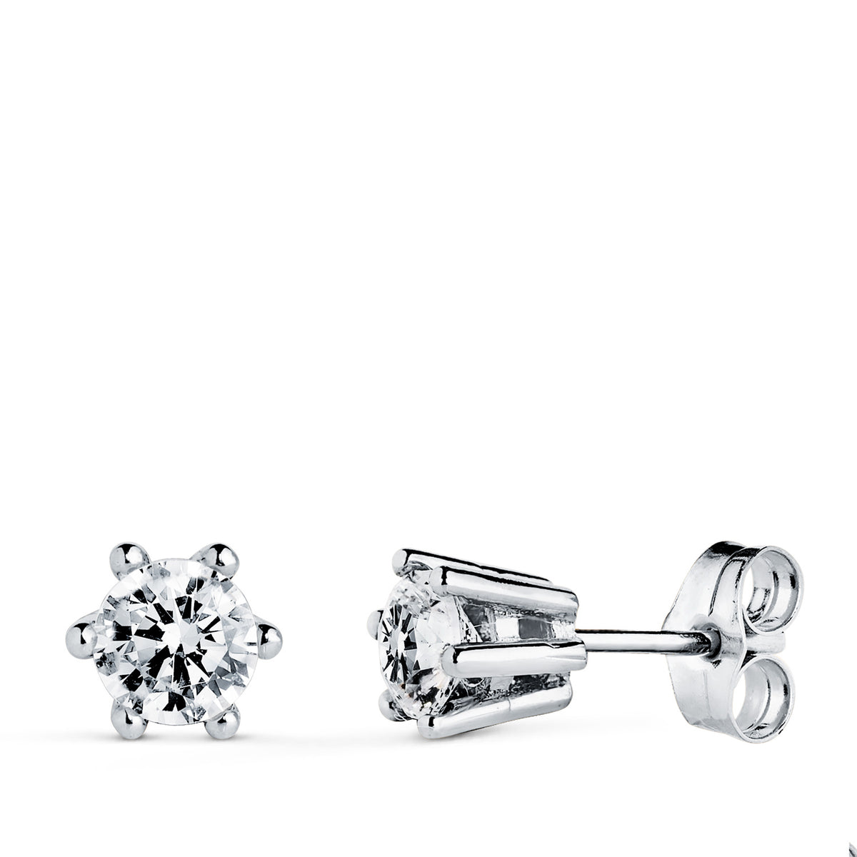 Pendientes 6 Garras con Circonita. Medida: 6,5 x 6 mm. de oro blanco 18K