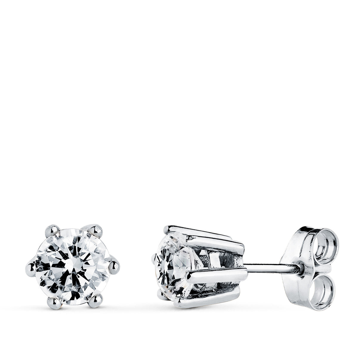 Pendientes 6 Garras con Circonita. Medida: 7 x 6,5 mm. de oro blanco 18K
