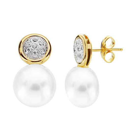18K PENDIENTES CIRCONITA PERLA ORO BICOLOR 18X10 MM CIERRE PRESION