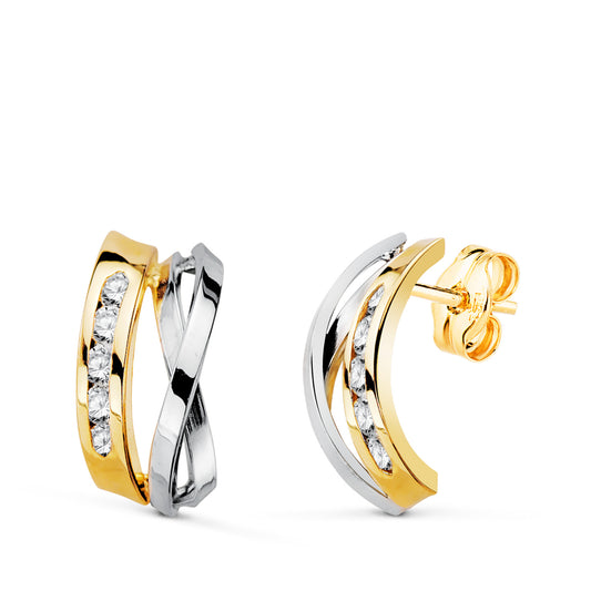 Pendientes Bicolor Bandas con Circonitas Carril. Medida: 16 x 7,5 mm. 18K