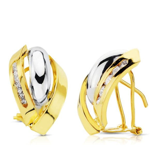 18K PENDIENTES ORO BICOLOR BANDAS 17X11 MM CIERRE OMEGA