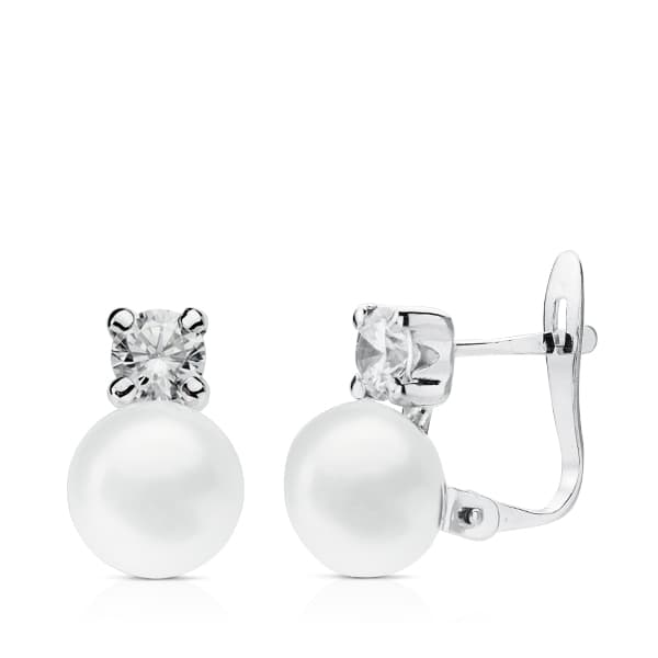 Pendientes Perla y Circonita 11 x 6,5 mm de oro blanco 18K