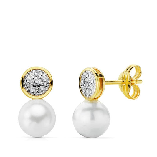 18K PENDIENTES COMUNION CIRCONITA PERLA ORO BICOLOR 12X6 MM CIERRE PRESION