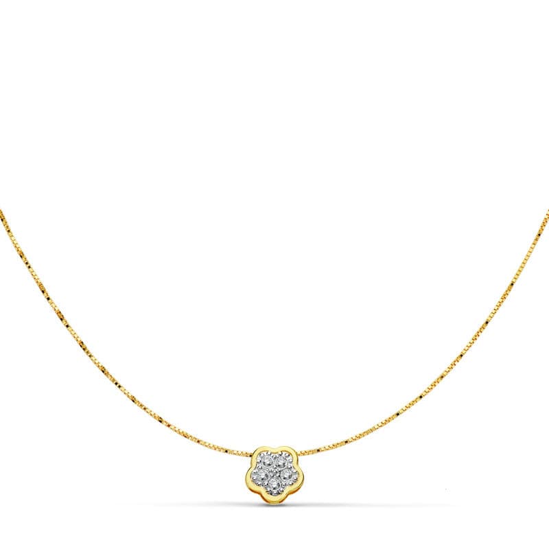 18K COLGANTE AMULETO FLOR 5X5 MM ORO BICOLOR CADENA 42CM