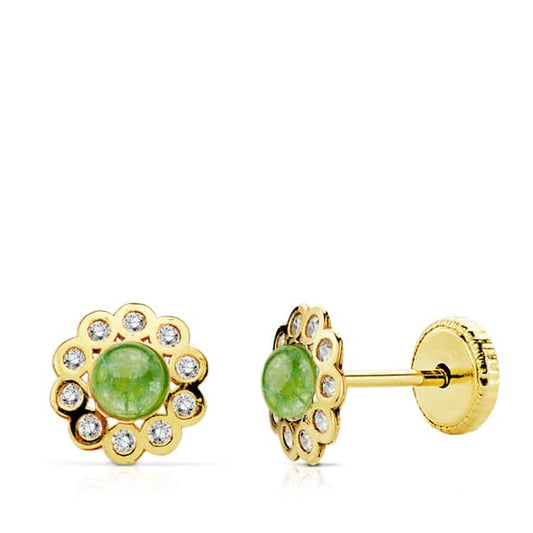 Pendientes Flor Piedra Verde y Circonita Cierre Tuerca de oro amarillo 18K
