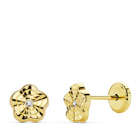 18K PENDIENTES ORO AMARILLO FLOR ONDAS 6X6 MM CIERRE TUERCA