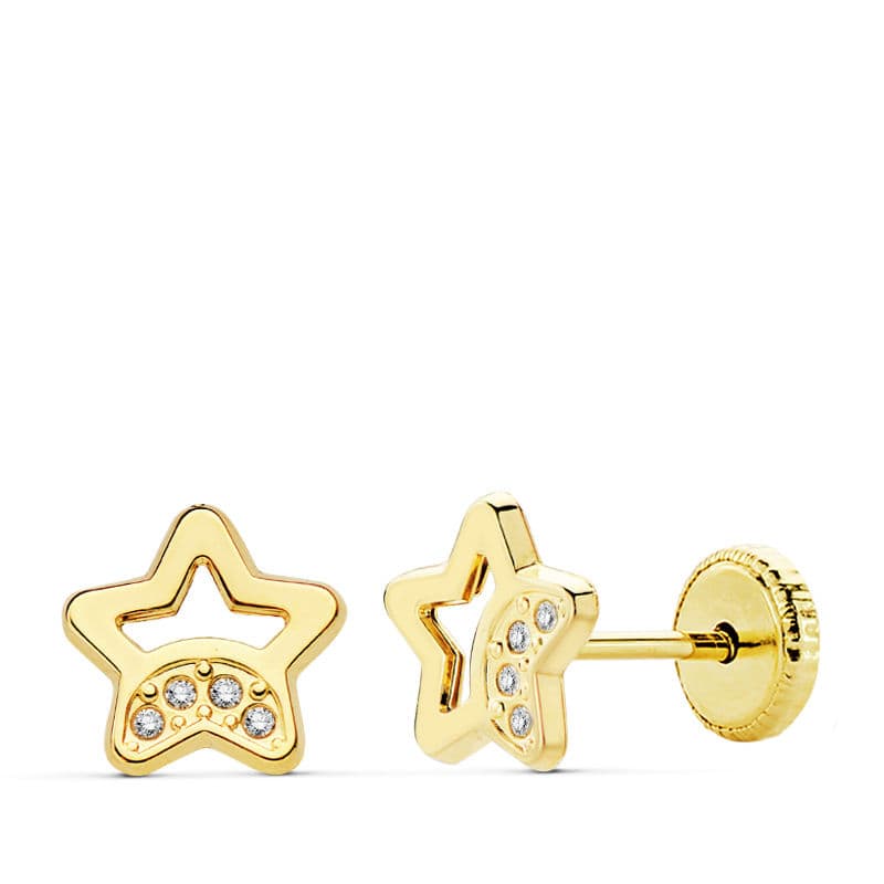 18K PENDIENTES ORO AMARILLO ESTRELLA CIRCONITA 7 MM CIERRE TUERCA