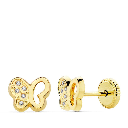18K PENDIENTES ORO AMARILLO MARIPOSA CIRCONITA 7X6 MM CIERRE TUERCA