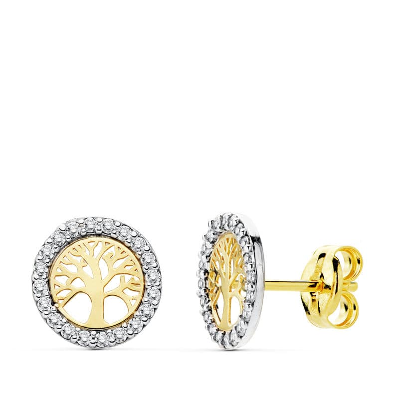 18K PENDIENTES ARBOL DE LA VIDA ORO BICOLOR 8 MM CIERRE PRESION