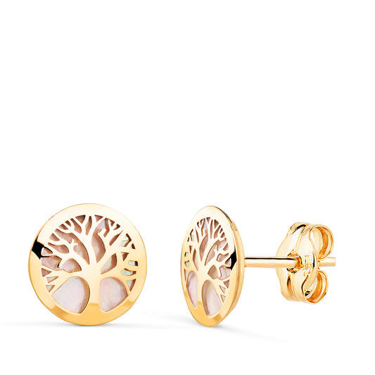 18K PENDIENTES ORO AMARILLO ARBOL DE LA VIDA CON NACAR. MEDIDA: 8 MM. CIERRE PRESION
