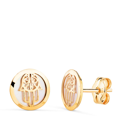 18K PENDIENTES ORO AMARILLO MANO DE FATIMA CON NACAR. MEDIDA: 8 MM. CIERRE PRESION