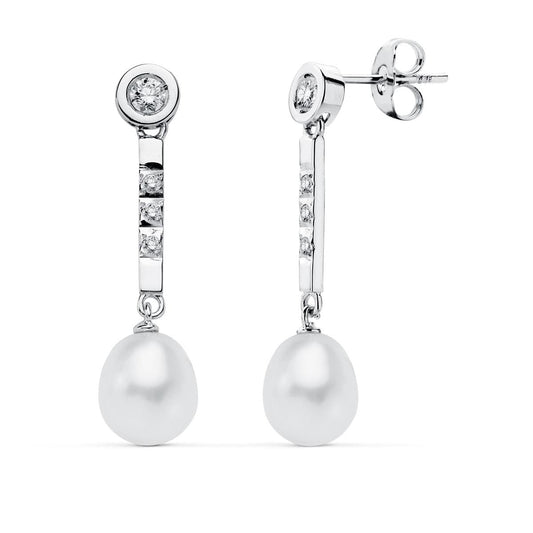 Pendientes Perla Circonita presión de oro blanco 18K