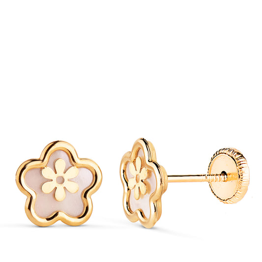 18K PENDIENTES ORO AMARILLO FLOR CON NACAR. MEDIDA: 8 X 8 MM. CIERRE TUERCA