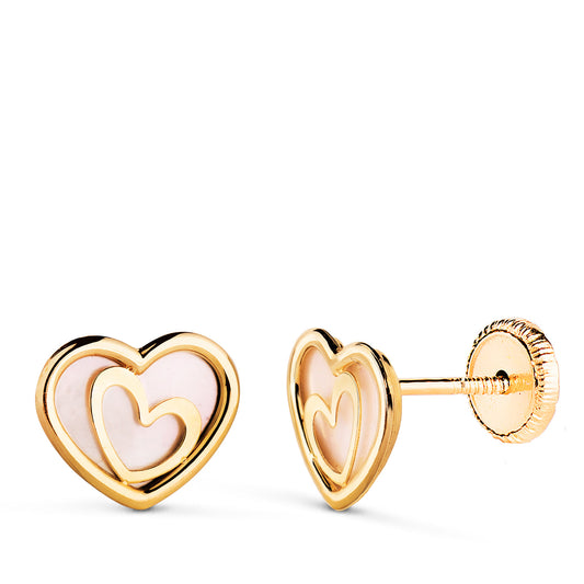 18K PENDIENTES ORO AMARILLO CORAZÓN CON NACAR. MEDIDA: 9 X 7 MM. CIERRE TUERCA