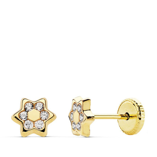 18K PENDIENTES ORO AMARILLO ESTRELLA 5 MM CIRCONITA CIERRE TUERCA
