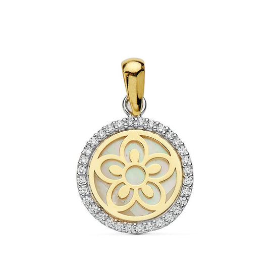 18K COLGANTE AMULETO BICOLOR FLOR NACAR 12 MM