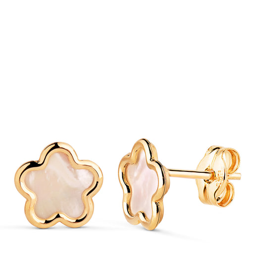 18K PENDIENTES ORO AMARILLO FLOR CON NACAR. MEDIDA: 8 X 8 MM. CIERRE PRESION