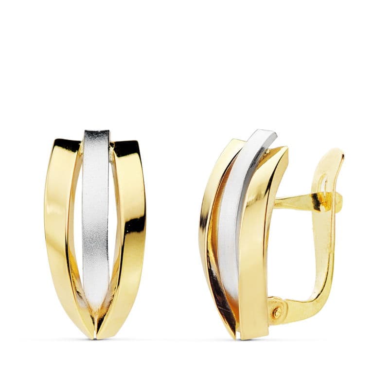 18K PENDIENTES ORO BICOLOR BANDAS 16X7 MM CIERRE CATALAN