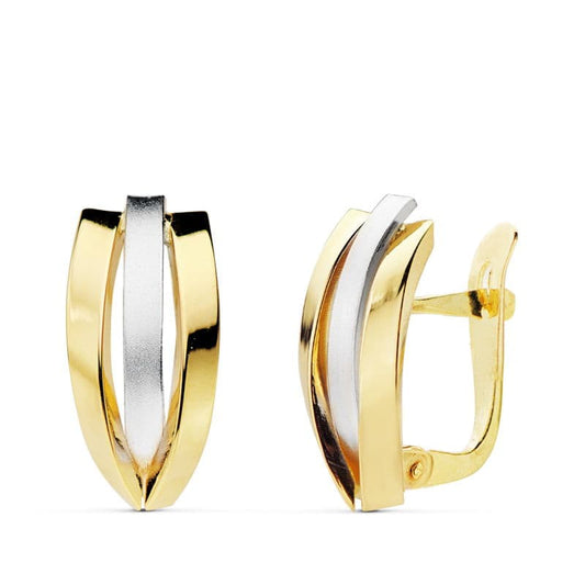 18K PENDIENTES ORO BICOLOR BANDAS 16X7 MM CIERRE CATALAN
