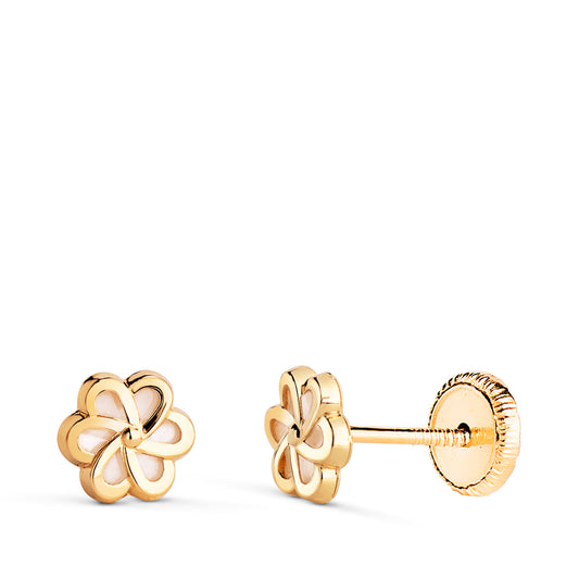 18K PENDIENTES ORO AMARILLO FLOR CON NACAR. MEDIDA: 6 X 6 MM. CIERRE TUERCA