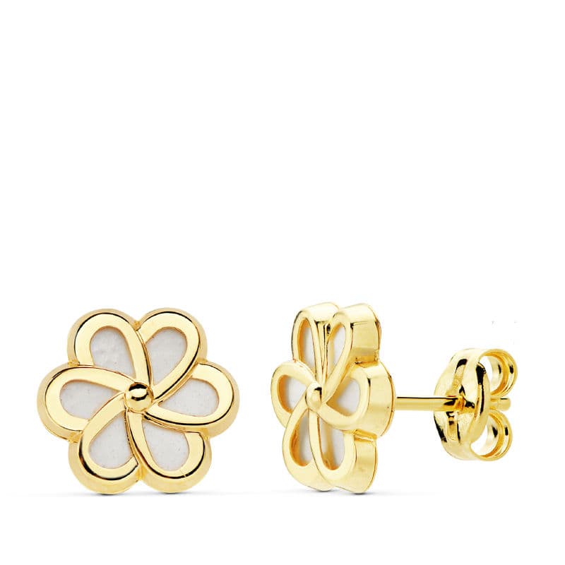 18K PENDIENTES ORO AMARILLO FLOR NACAR 8X8 MM CIERRE PRESION