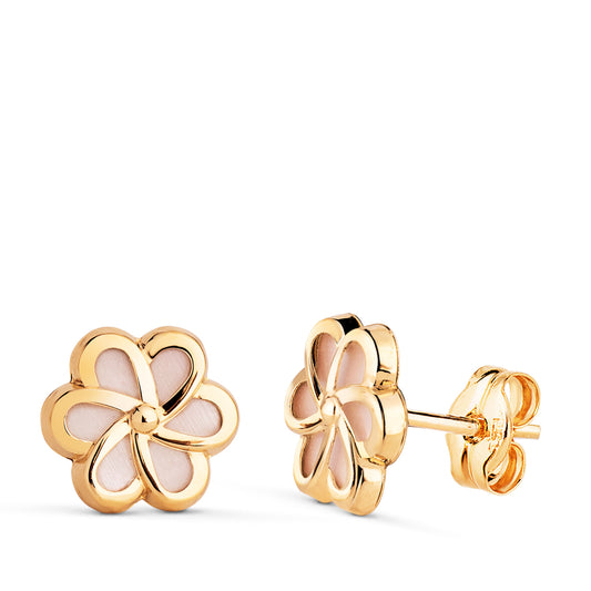 18K PENDIENTES ORO AMARILLO FLOR CON NACAR. MEDIDA: 8 X 8 MM. CIERRE PRESION