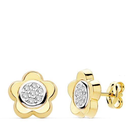 Pendientes Bicolor Flor Circonita 10 mm 18K